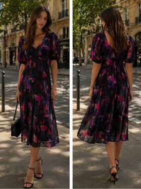Tracy Reese Black Midi Dress with Pink & Blue Abstract Brushstrokes SP